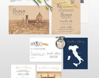 Destination wedding invitation Tuscany Florence Italy European Navy Gold - watercolor Illustrated Wedding Invitation Suite Deposit Payment