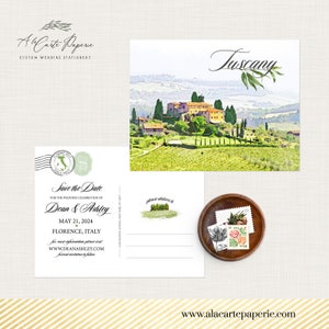 Invito per matrimonio illustrato ad acquerello in Toscana Cartolina Save the Date Toscana Firenze Italia Matrimonio europeo Deposito Pagamento