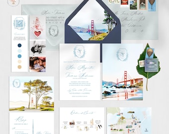 San Francisco Wedding Invitation Set, Golden Gate Bridge Watercolor Illustration DEPOSIT for PRINTED invitations