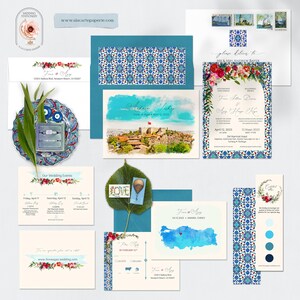"Türkei Ankara Türkisch ""Destination"" Hochzeitseinladung Aquarell Illustriert Blumen Mediterran Bougainvillea geblümt - Anzahlung