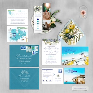 Mykonos Greece Destination wedding invitation Greek Island European wedding map watercolor Illustrated invitation blue Deposit Payment