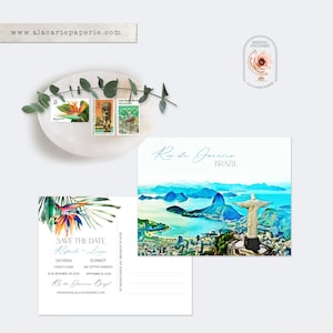 Brasil Rio de Janeiro Português Brasileiro Bilíngue Ilustrado Destination Wedding Save the Date Postcard - Pagamento de Depósito