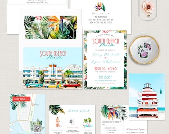 Florida Miami South Beach Destination Wedding Invitation Watercolor Illustrated Tropical Wedding Invitation Set - DEPOSIT PAYMENT