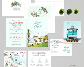 Faire-part de mariage à destination de l'île de Catalina, Avalon, Californie, Ensemble de faire-part de mariage sur la plage illustré à l'aquarelle - Paiement de l'acompte