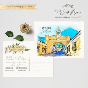 Destination Wedding Save the Date Guatemala Antigua Desenho em aquarela cartão postal ilustrado América Latina Espanhol Bilíngue Depósito Pagamento