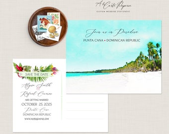 May include: A wedding save the date postcard featuring a watercolor beach scene with palm trees and the text Join us in Paradise Punta Cana Dominican Republic. The card includes names Alyssa Smith and Rafael Caceres, date October 25, 2025.