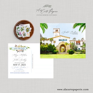 Cartão de reserva de data ou convite postal ilustrado em aquarela para casamento no destino do tribunal de Santa Barbara, Califórnia - Pagamento com DEPÓSITO