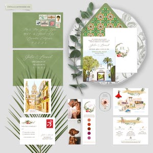 Wedding Invitation Malaga Andalusia Spain Destination Wedding Invitation Mediterranean Watercolor Illustrated invitations  - Deposit Payment