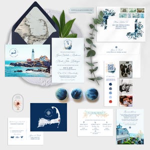 Cape Cod Massachusetts Destination Wedding Invitation with Watercolor Illustrations USA Coastal Nautical Wedding Invites Deposit Payment