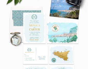 Sicily Cefalu Illustrated Destination wedding invitation Italy wedding Gold and Blue Deposit Payment