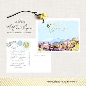 Matrimonio a destinazione Taormina Sicilia Italia Europa Salva la data Cartolina con illustrazione disegno ad acquerello - Pagamento deposito