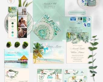 Cancun Mexico Destination Wedding Invitation: Tropical Beach Watercolor Illustrations