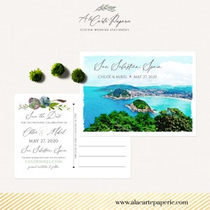 Cartões postais para salvar a data do casamento em San Sebastian, Espanha, com ilustração e desenho em aquarela - Pagamento de depósito