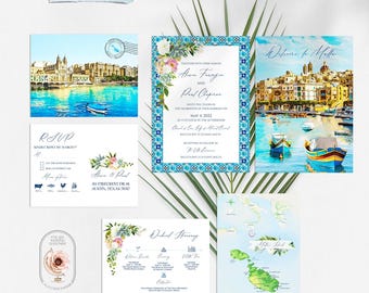 MaltaWatercolor Illustrated Destination Wedding Invitation Set - Designer Customized DIGITAL Invitation