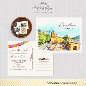 Querétaro México Destino Casamento Salve a data Cartão Postal Convite Espanhol Mexicano Aquarela Ilustrada Picado Banner Depósito Pagamento