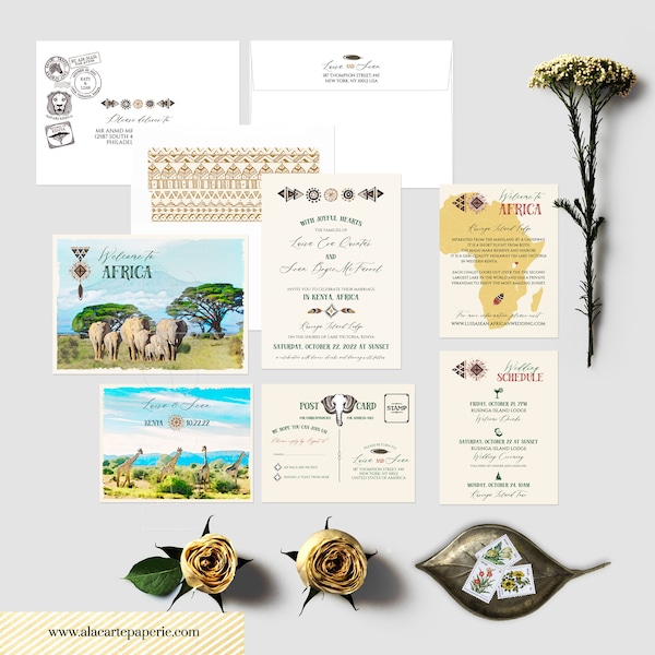 African Safari Destination Wedding Invitation Suite Kenya Rustic Watercolor Illustrated invitation Elephants Giraffes - Deposit Payment
