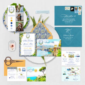 PRINTED Sorrento Amalfi Coast Italy Destination Wedding Invitation Lemon Blue Watercolor Illustrated Italian Wedding Invites Deposit Payment