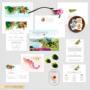 Zihuatanejo México Destino convite de casamento Conjunto de convites ilustrados em aquarela de casamento na praia mexicana - Pagamento de depósito