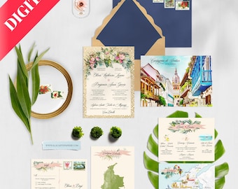 Watercolor Cartagena Wedding Invitation, Bilingual South America (Digital Package)