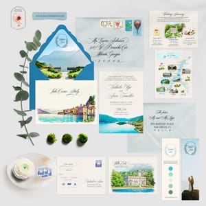 Como Lake Bellagio Villa Erba Italy Watercolor Illustrated Destination Wedding Invitation Set European Wedding - Deposit Payment