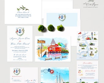 Kennebunkport Maine Destination Wedding Invitation Set coastal wedding lighthouse and watercolor illustrations map - Deposit Payment