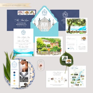 Como Lake Villa Regina Teodolinda Itália Convites de casamento ilustrados em aquarela para casamento na Europa A listagem é SOMENTE PARA DEPÓSITO