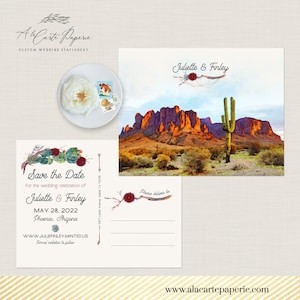 Invitación de boda de destino en Phoenix, Arizona, EE. UU. Postal Save the Date Tarjeta de boda ilustrada con suculentas y cactus del desierto Pago de depósito