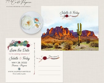 Phoenix Arizona USA Destination wedding invitation Save the Date postcard Desert cactus succulent illustrated wedding card Deposit Payment