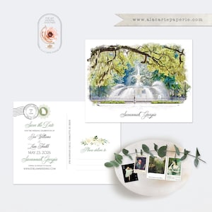 Savannah Georgia Oak Tree, mousse espagnole, aquarelle illustrée, destination, mariage, carte postale « Save the date » dans le sud des États-Unis - Paiement de l'acompte