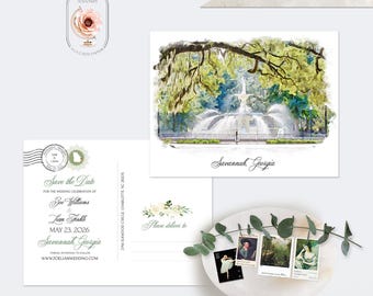 Savannah Georgia Watercolor Save the Date Postcard – Oak Tree, Spanish Moss (Printed or Digital)