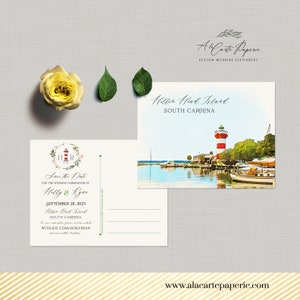 "Hilton Head Island SC South Carolina USA ""Save the date"" Postkarte Leuchtturm Anzahlungszahlung"