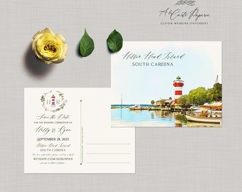 Hilton Head Island SC South Carolina USA Watercolor Illustrated Destination Wedding Invite Save the date Postcard lighthouse Deposit Payment