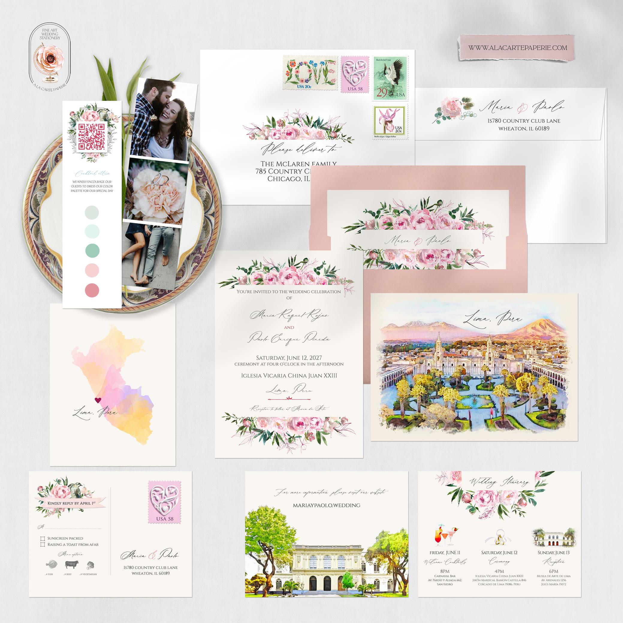 PRINTED Lima Peru South-American LATAM Watercolor Illustrated Destination Wedding Invitation Watercolor Invite - DEPOSIT Payment