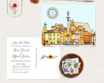 Warsaw Poland Eastern Europe Destination wedding Watercolor Illustrated  save the date postcards - DEPOSIT PAYMENT