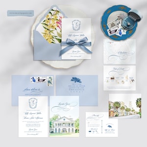 Lowndes Grove Charleston South Carolina EUA Convites de casamento ilustrados em aquarela Carvalho Musgo espanhol - A listagem é SOMENTE PARA DEPÓSITO