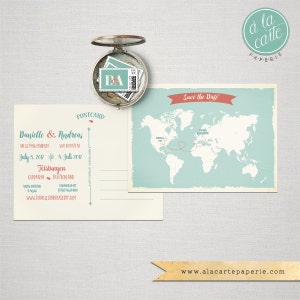 Bestemmingshuwelijk Tweetalig Save the Date Wereldkaart Kaart save the date uitnodiging Wereldkaart Internationaal koppel AANBETALING