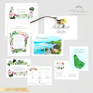 Convite de casamento em destino de praia em Barbados, conjunto de convites de casamento ilustrados em aquarela nas ilhas caribenhas - Pagamento por depósito