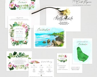 Barbados Beach Destination Wedding Invitation Caribbean Island Watercolor Illustrated Wedding Invitation Set - Deposit Payment