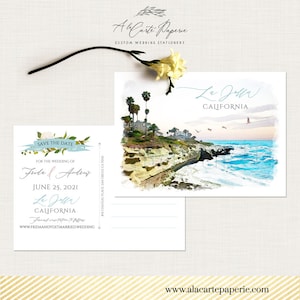 Cartão postal para salvar a data do casamento no destino La Jolla Califórnia San Diego aquarela ilustrada convite de praia da Califórnia Depósito Pagamento