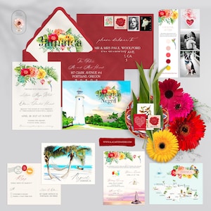 Giamaica Negril Isole Caraibiche Acquerello Illustrato Floreale Spiaggia Tropicale Destinazione Matrimonio Invito Set con Mappa - Pagamento Deposito