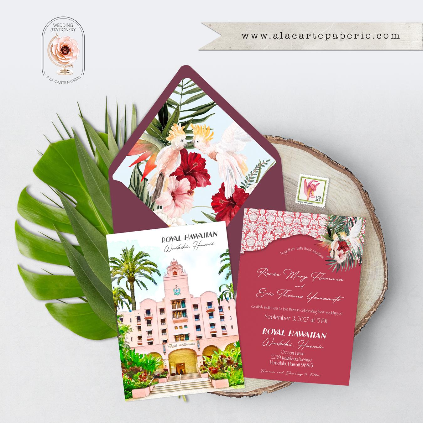 PRINTED Royal Hawaiian Hotel Waikiki Oahu Hawaii USA Destination Wedding  Invitation Hawaiian Island Watercolor Illustrated - Deposit Payment - Etsy, image size:1350x1350