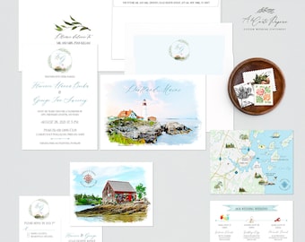 Portland Maine Destination Wedding Invitation Set coastal wedding lighthouse and watercolor illustrations map - Deposit Payment