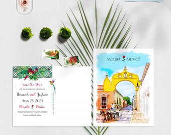 Merida Mexico Save the Date Postcard – Watercolor Wedding Invitation (Printed or Digital)
