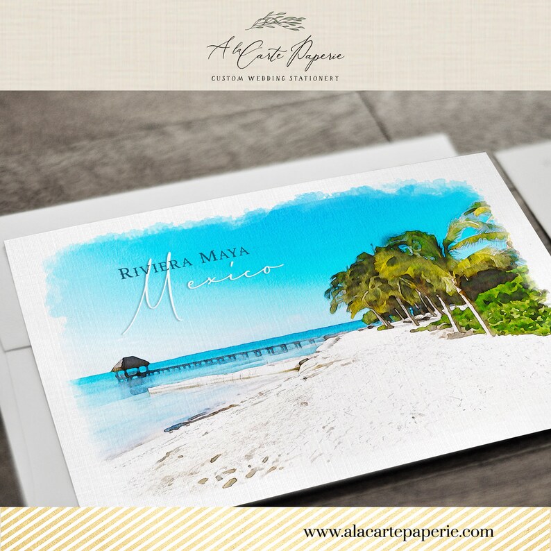 Destination wedding Riviera Maya Mexico Save the Date Postcard Cancun Puerto Morelos Playa del Carmen watercolor illustrated Deposit Payment