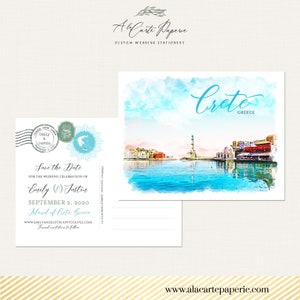 Creta Grécia Destino casamento salve a data cartão postal Ilha grega convite de casamento ilustrado em aquarela salve a data - PAGAMENTO DE DEPÓSITO