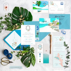 Seychelles Island Indian Ocean Destination wedding invitation illustrated beach wedding invitation Watercolor Blue Blush Deposit Payment