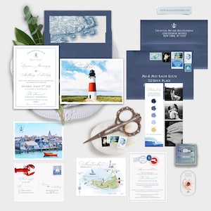 Destination wedding invitation Nantucket Massachusetts Illustrated nautical coastal wedding lighthouse map - Deposit Payment