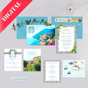 Amalfi Coast Italy Positano Watercolor Illustrated Destination Wedding Invitation Mediterranean Tiles Designer Customized DIGITAL Package