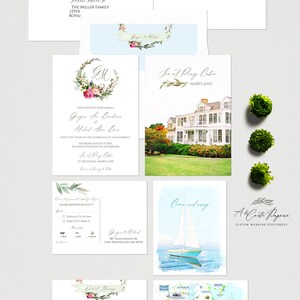 May include: A collection of custom wedding stationery, including invitations, RSVP cards, and event details cards. The designs feature watercolor illustrations of flowers, a sailboat, and a map. The stationery includes the text "Come sail away."