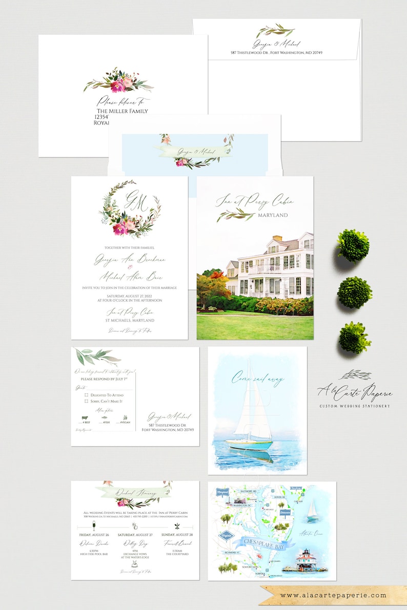 May include: A collection of custom wedding stationery, including invitations, RSVP cards, and event details cards. The designs feature watercolor illustrations of flowers, a sailboat, and a map. The stationery includes the text "Come sail away."